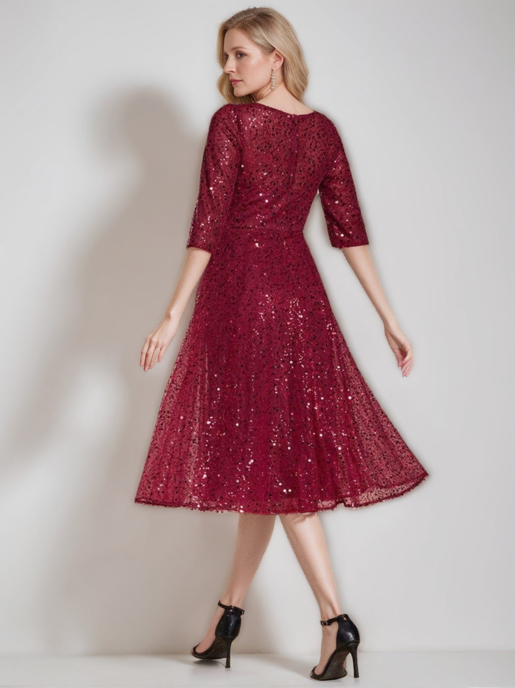 Robe Mi-Longue Manches 3/4 Col Rond Sequins