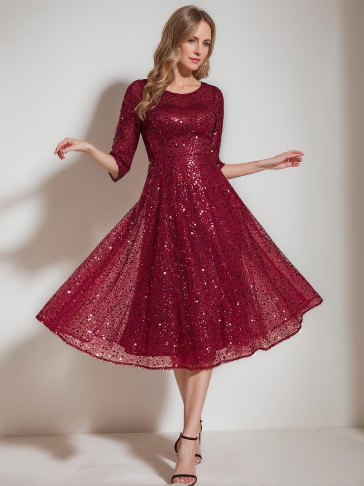 Robe Mi-Longue Manches 3/4 Col Rond Sequins