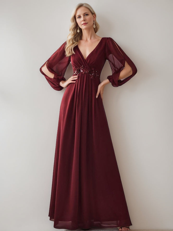 Robe de Soirée en Mousseline à Décolleté en V Profond et Manches Fendues