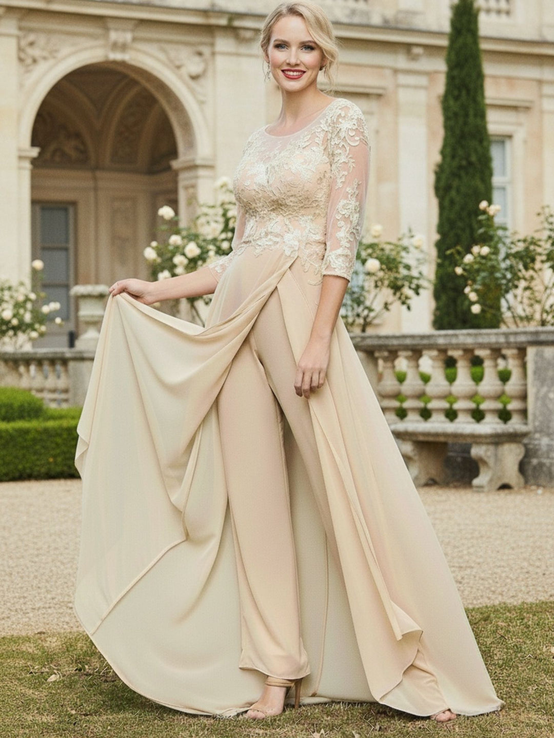 Jumpsuit à Décolleté Illusion avec Appliques en Dentelle Champagne