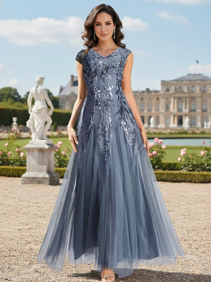 Robe longue sans manches décolletée en V brodée de fleurs en A