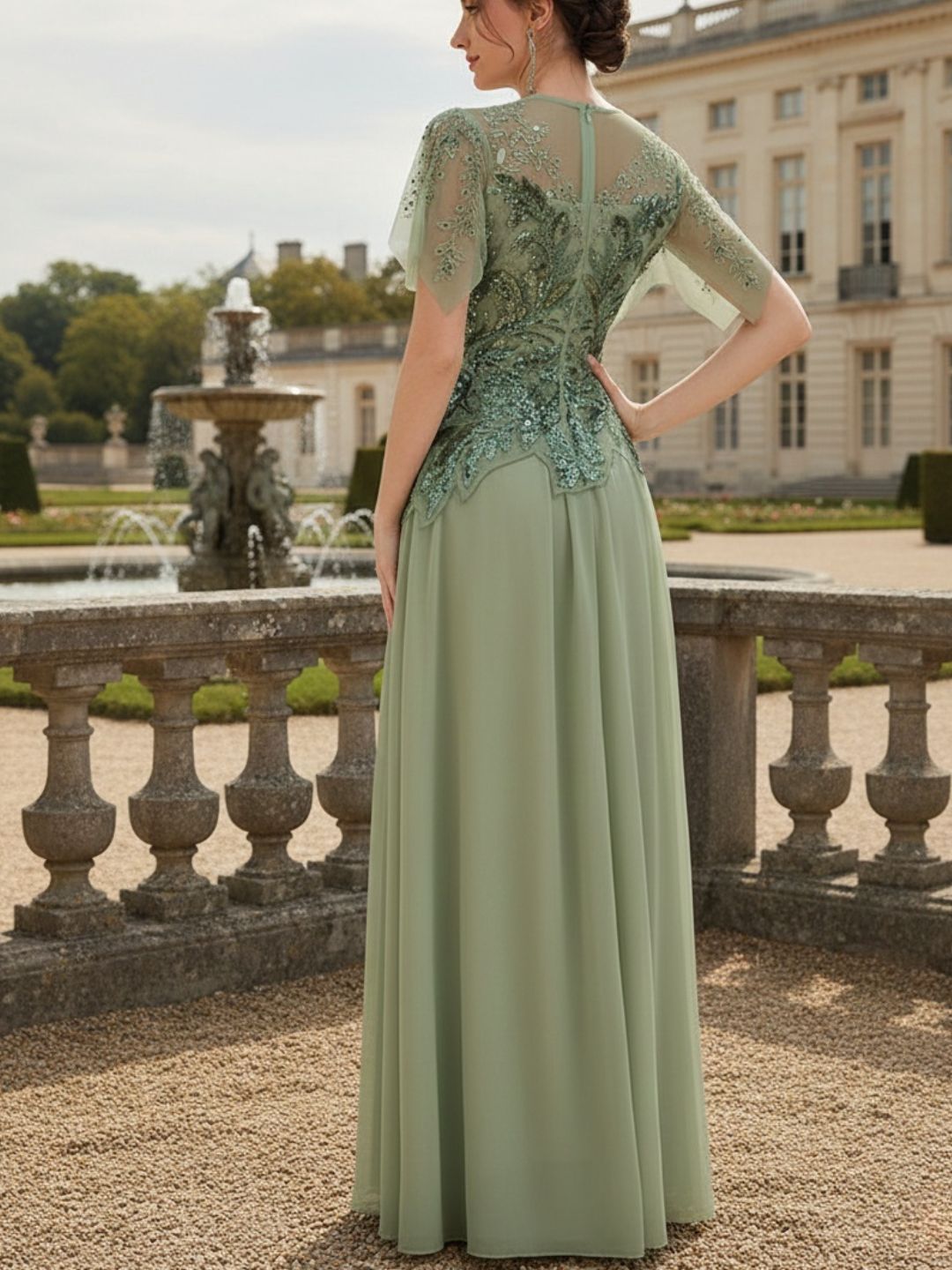 robe longue évasée à manches courtes avec volants sequins et broderies