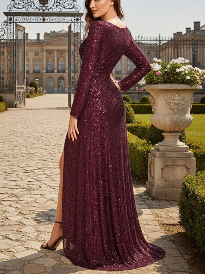 Robe de soirée à manches longues, col en V, à sequins, ourlet asymétrique