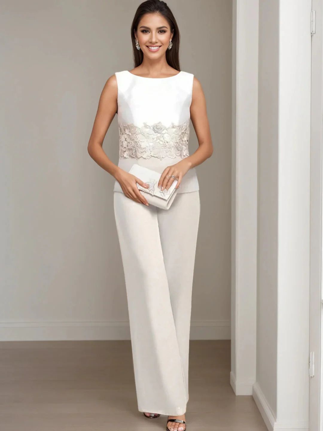 Ensemble 3 pièces pour mère de la mariée, pantalon longueur cheville, col carré, veste et dentelle appliquée