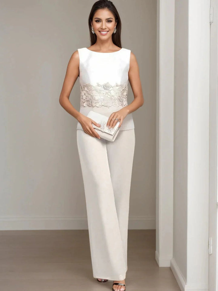 Ensemble 3 pièces pour mère de la mariée, pantalon longueur cheville, col carré, veste et dentelle appliquée