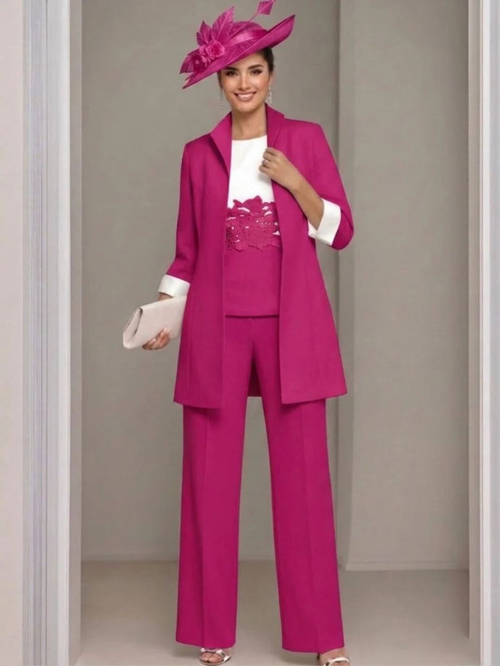 Ensemble 3 pièces pour mère de la mariée, pantalon longueur cheville, col carré, veste et dentelle appliquée