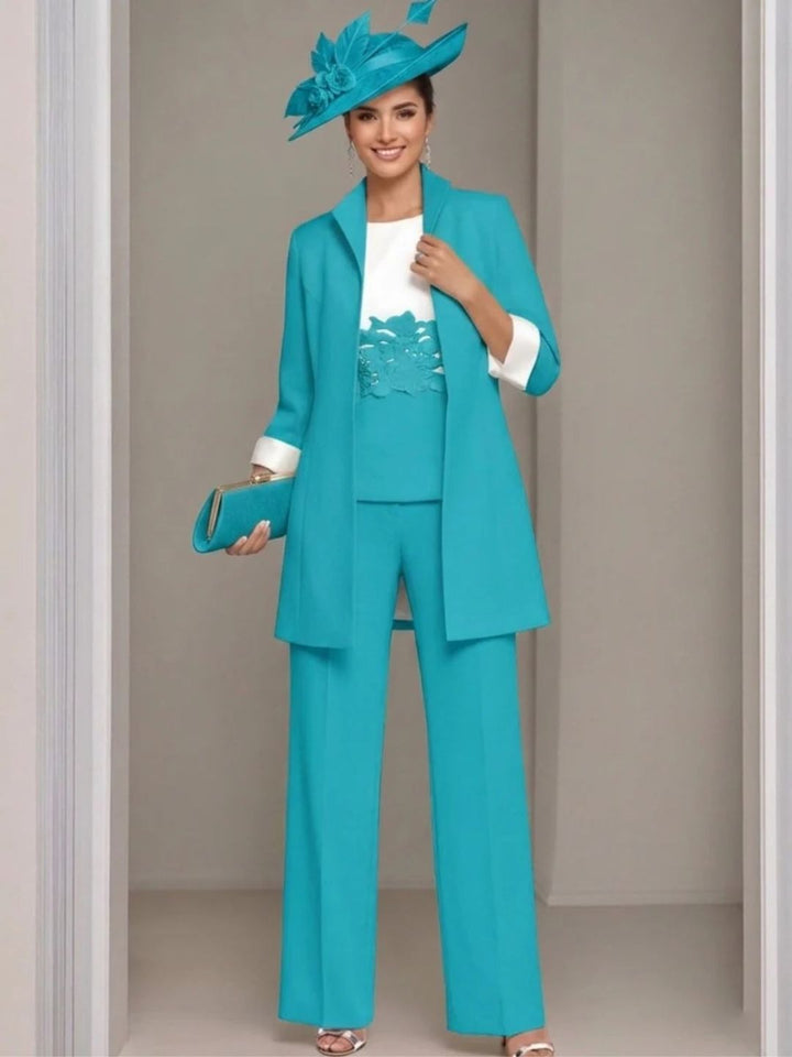 Ensemble 3 pièces pour mère de la mariée, pantalon longueur cheville, col carré, veste et dentelle appliquée