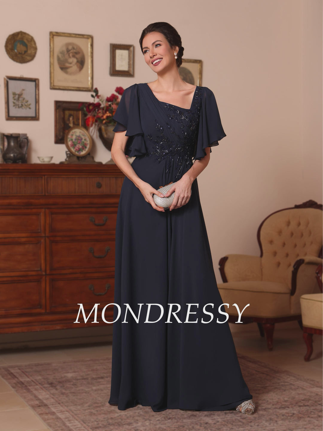 Ligne A/Princesse Col Asymétrique Mousseline Robes Mère de La Mariée Paillettes Longueur de La Cheville Manches Courtes  Ruché