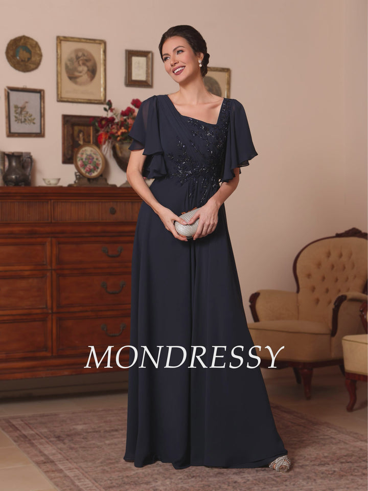 Ligne A/Princesse Col Asymétrique Mousseline Robes Mère de La Mariée Paillettes Longueur de La Cheville Manches Courtes  Ruché