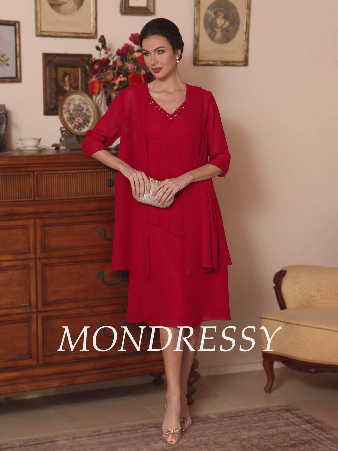 2 Pièces Gaine/Colonne Col en V  Mousseline Robes Mère de La Mariée avec Veste Perles Longueur Genou  1/2 Manches