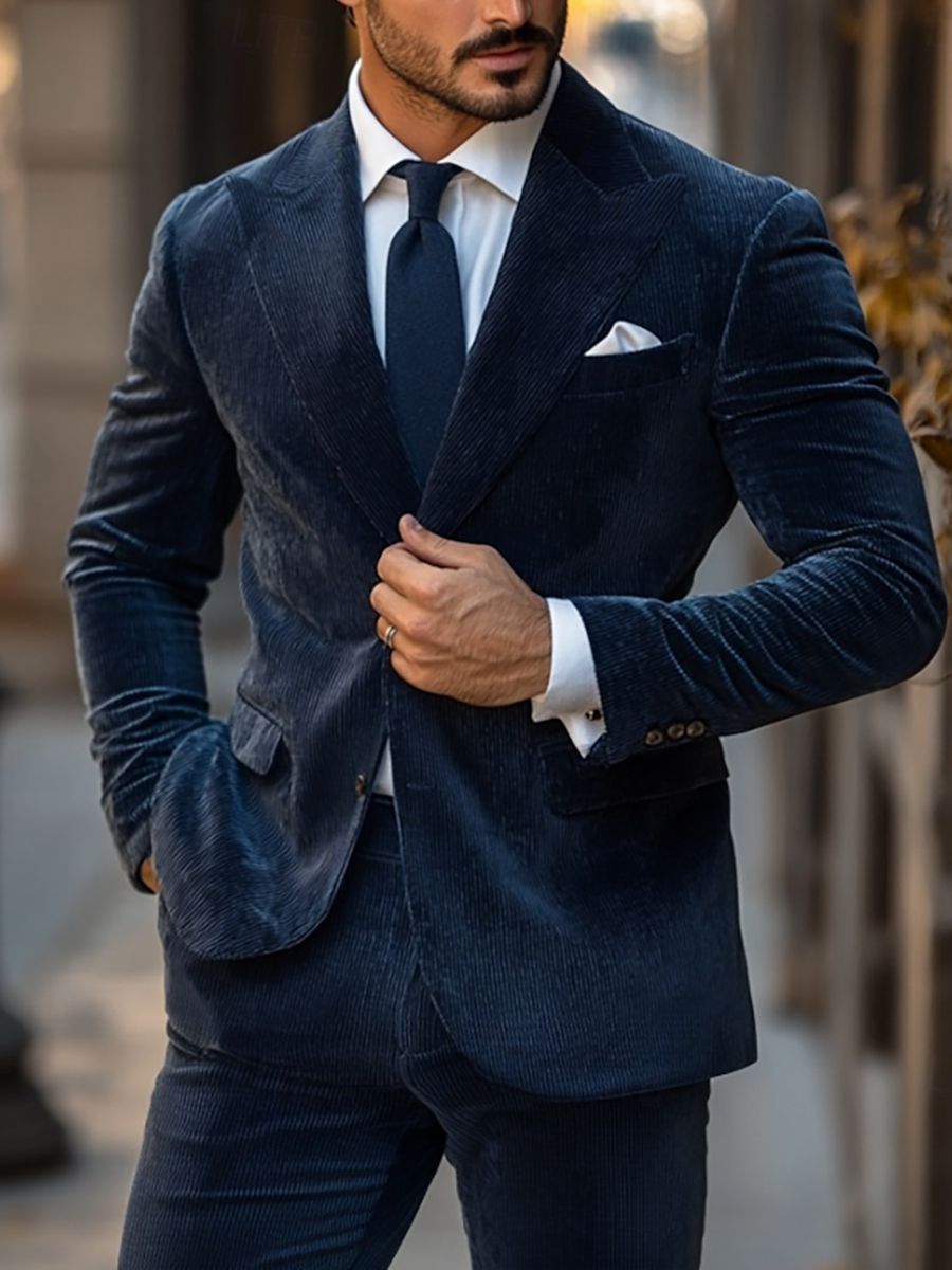 Veste costume homme 2 pièces bleu marine, velours côtelé, uni, coupe standard, droit, 2 boutons, pour soirée