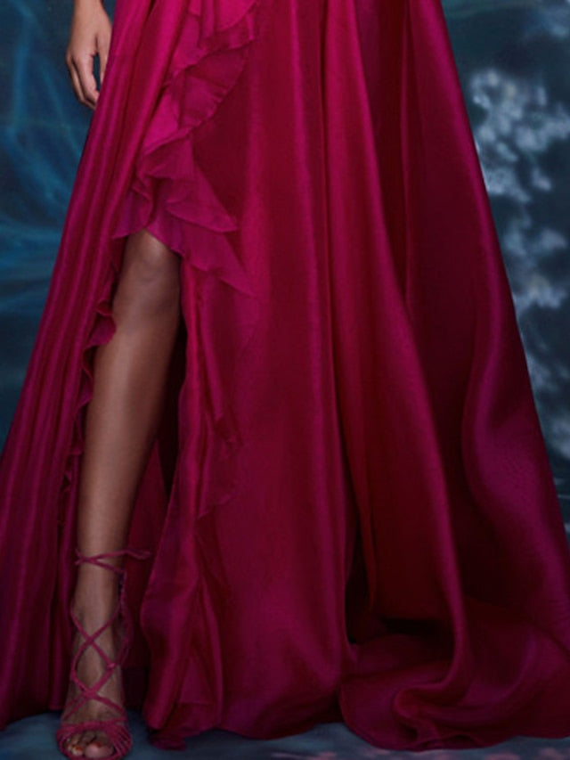 Robe de Soirée Longue de Forme Trapèze/Princesse à Col en V Sans Manches et Longueur Au Sol avec Fente Sur le Côté