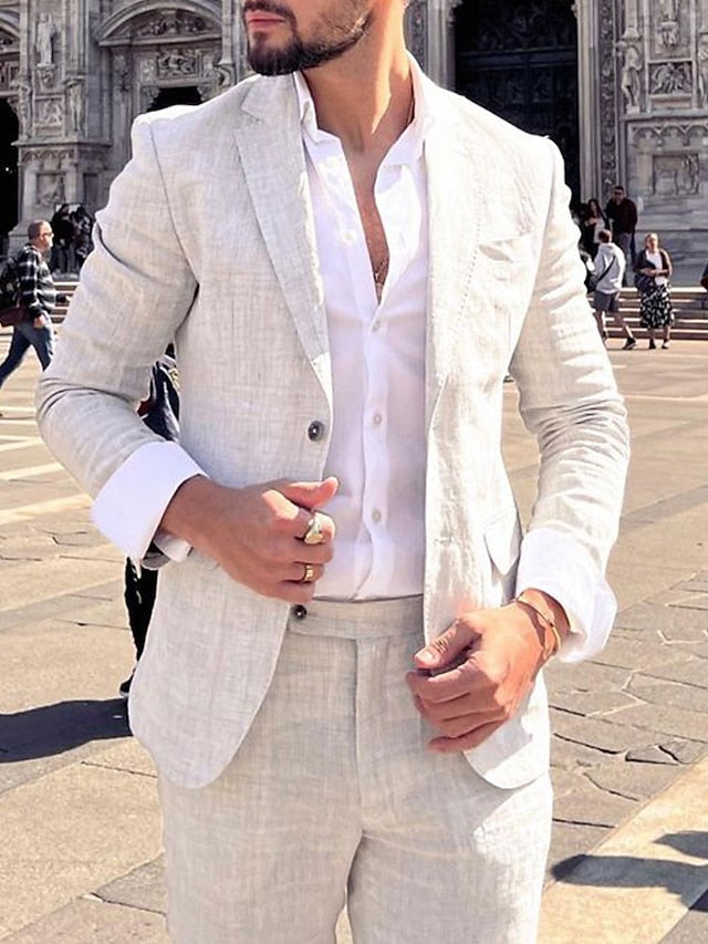 Costumes 2 Pièces en Lin de Couleur Unie à Simple Boutonnage et Deux Boutons pour Hommes, Coupe Ajustée