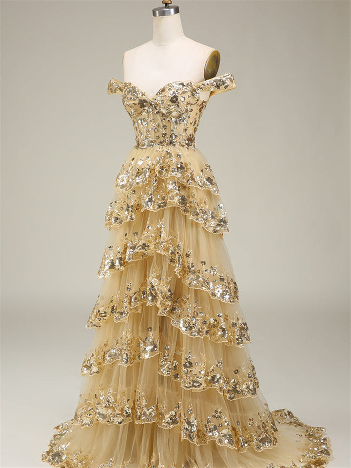 Robe de Soirée Trapèze/Princesse à Épaules Dénudées et Sans Manches, Longueur Au Sol, avec Paillettes